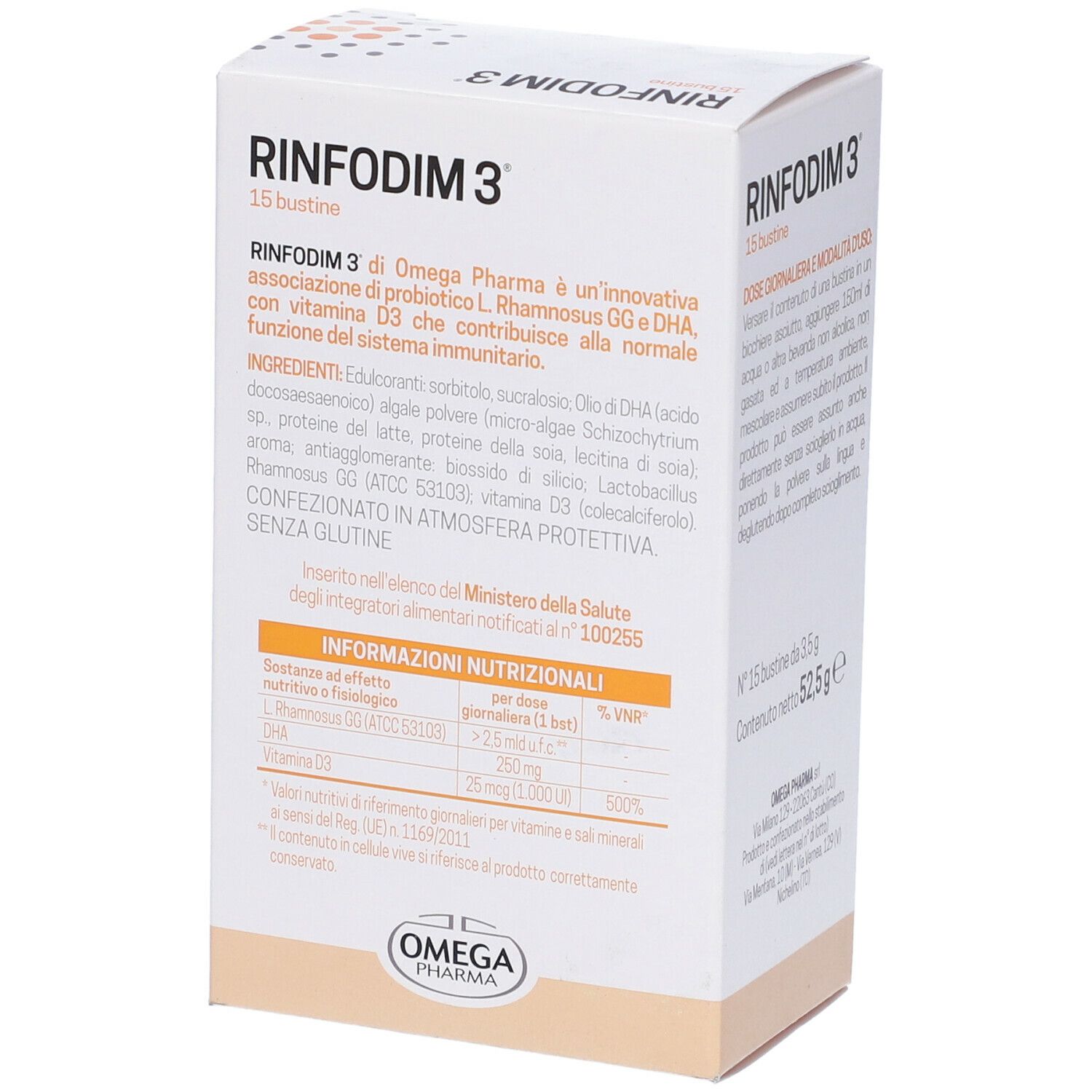 Weißer Karton mit Produktnamen und 15 Beuteln. Text über Inhaltsstoffe und Nährwertangaben. Logo Omega Pharma.