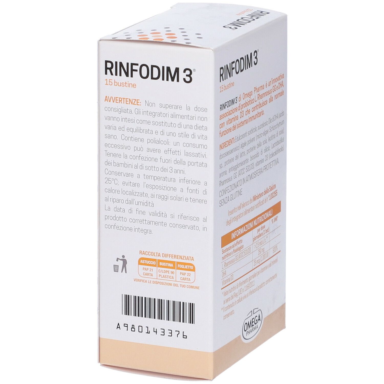 Weißer Karton mit Produktnamen und 15 Beuteln. Warnhinweise und Informationen. Logo Omega Pharma. Barcode.