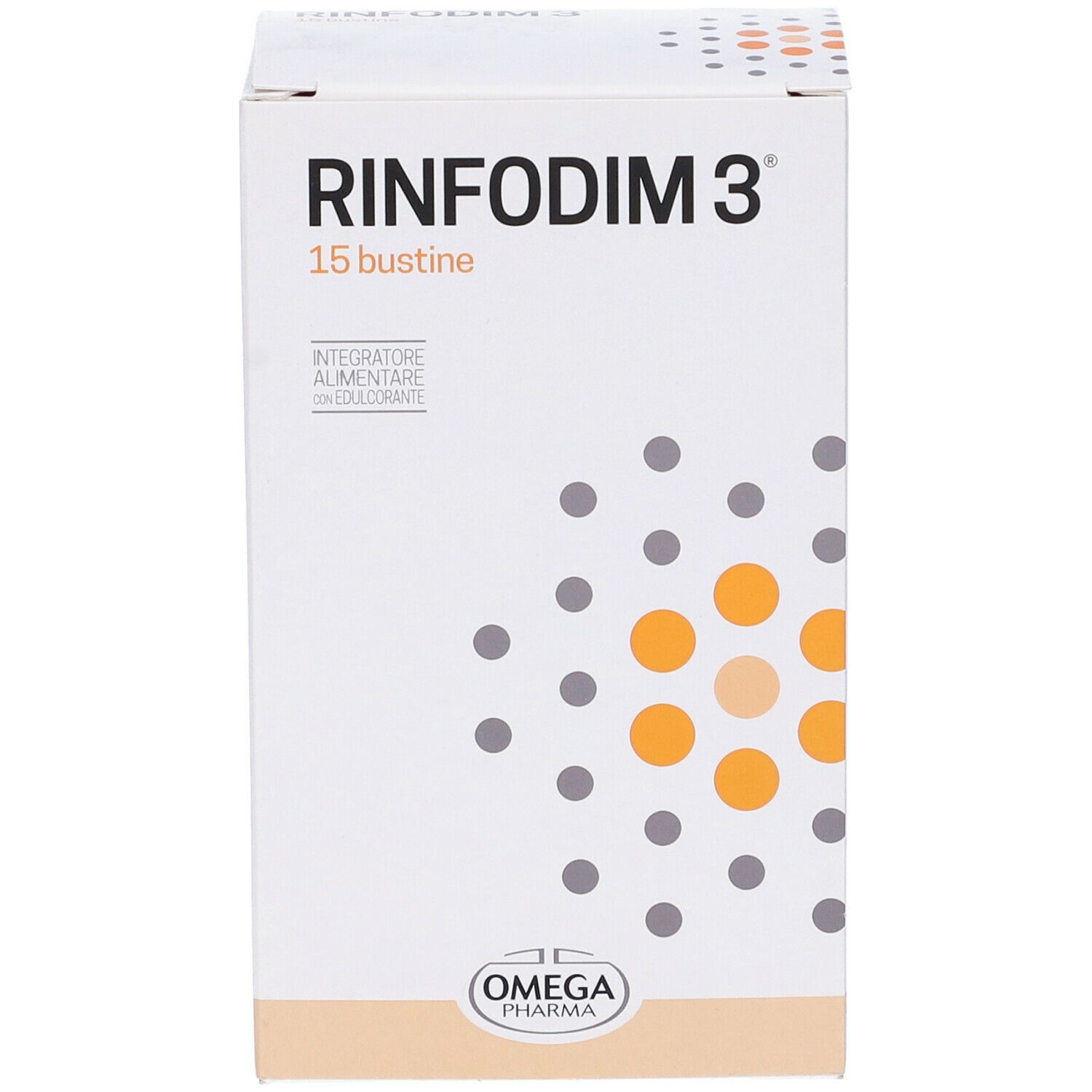 Weißer Karton mit Produktnamen und 15 Beuteln. Logo Omega Pharma. Design mit orangefarbenen und grauen Kreisen.