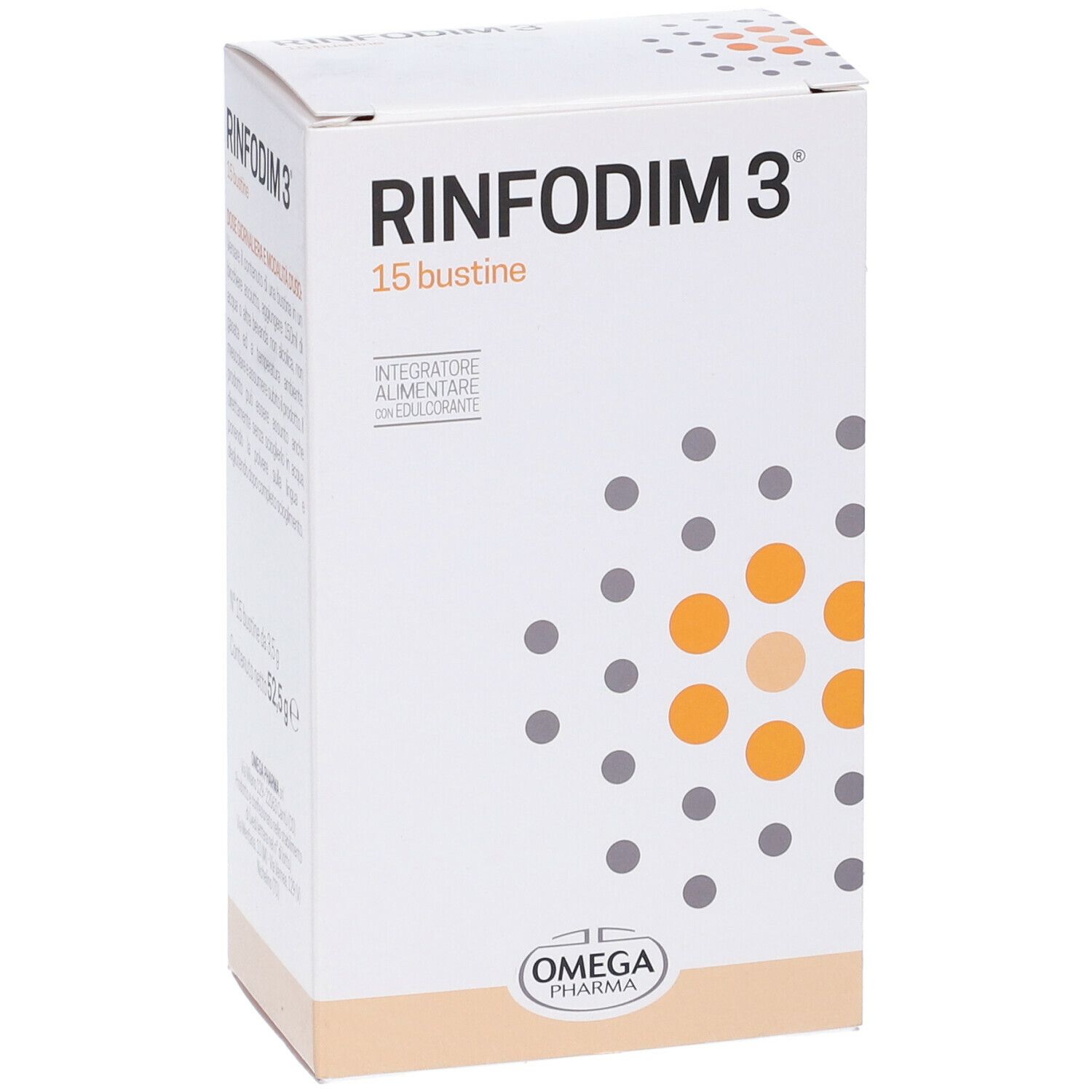 Weißer Karton mit Produktnamen und 15 Beuteln. Logo Omega Pharma. Design mit orangefarbenen und grauen Kreisen.