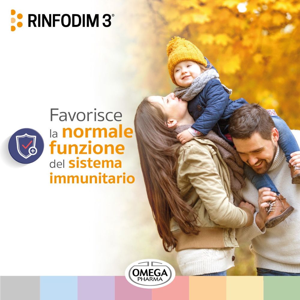 Familie mit Kind im Herbst. Text: Fördert die normale Funktion des Immunsystems. Omega Pharma Logo.