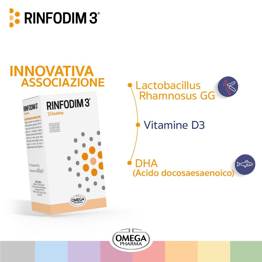 Produktverpackung mit Inhaltsstoffen: Lactobacillus Rhamnosus GG, Vitamin D3, DHA. Omega Pharma.