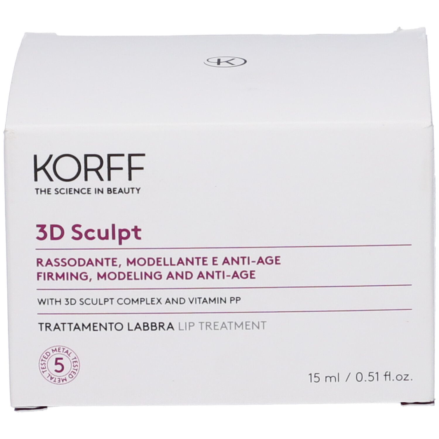Emballage blanc. Inscription KORFF, 3D Sculpt, 15 ml. Avec label de qualité.