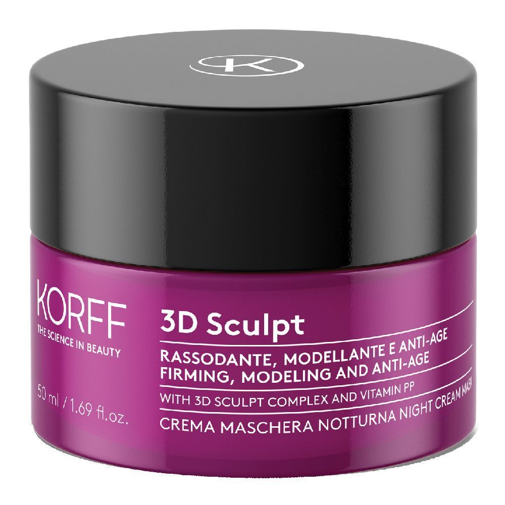 Runde Dose mit schwarzem Deckel. Aufschrift: KORFF 3D Sculpt. Lila Etikett mit Text. 50 ml.