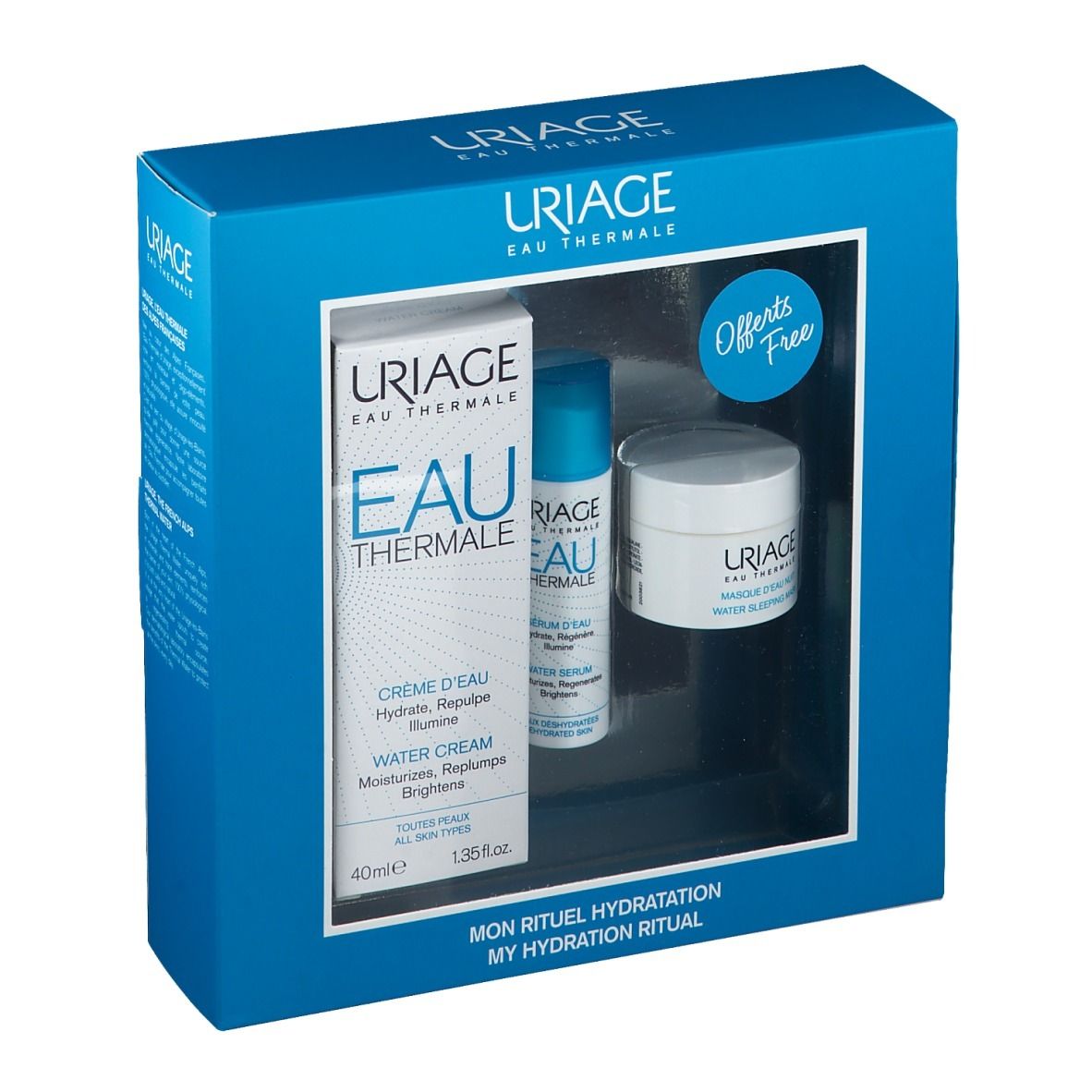 Geschenkset mit drei Produkten. Uriage-Markenlogo und Produktnamen sichtbar. Blaue Verpackung mit Sichtfenster.