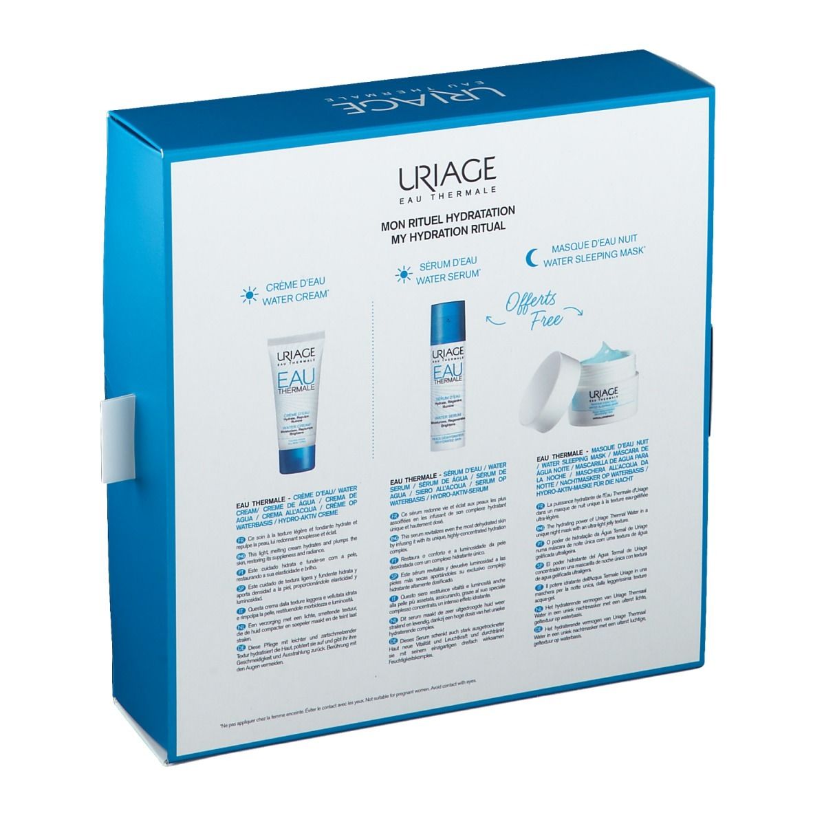 Rückseite der Geschenkbox. Produktabbildungen und Beschreibungen in verschiedenen Sprachen. Uriage-Logo.