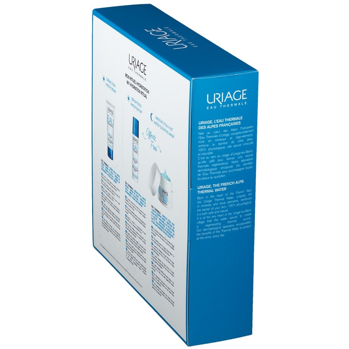 Blaue Geschenkbox, schräg. Text und Logos auf der Verpackung. Uriage-Logo und Produktnamen.