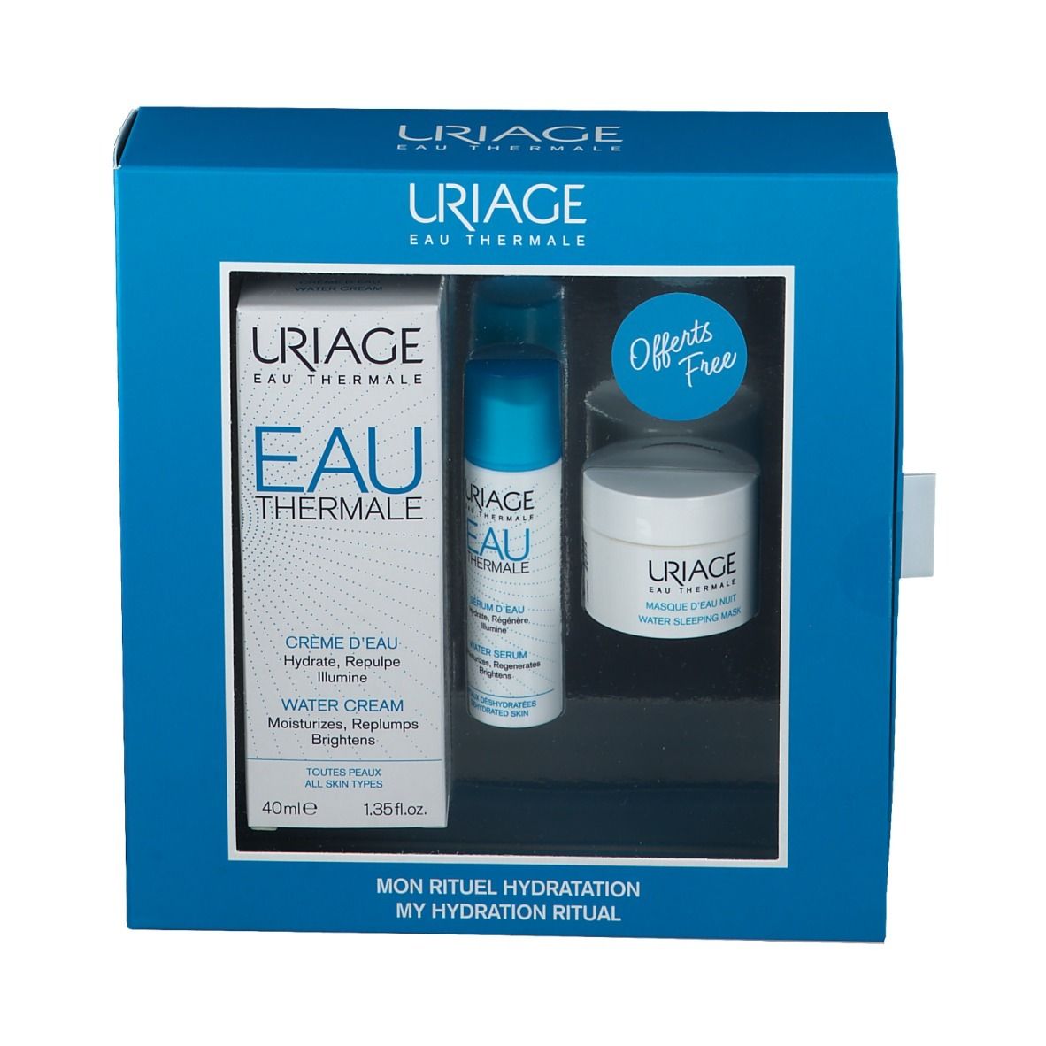 Geschenkset mit drei Produkten. Uriage-Markenlogo und Produktnamen sichtbar. Blaue Verpackung mit Sichtfenster.