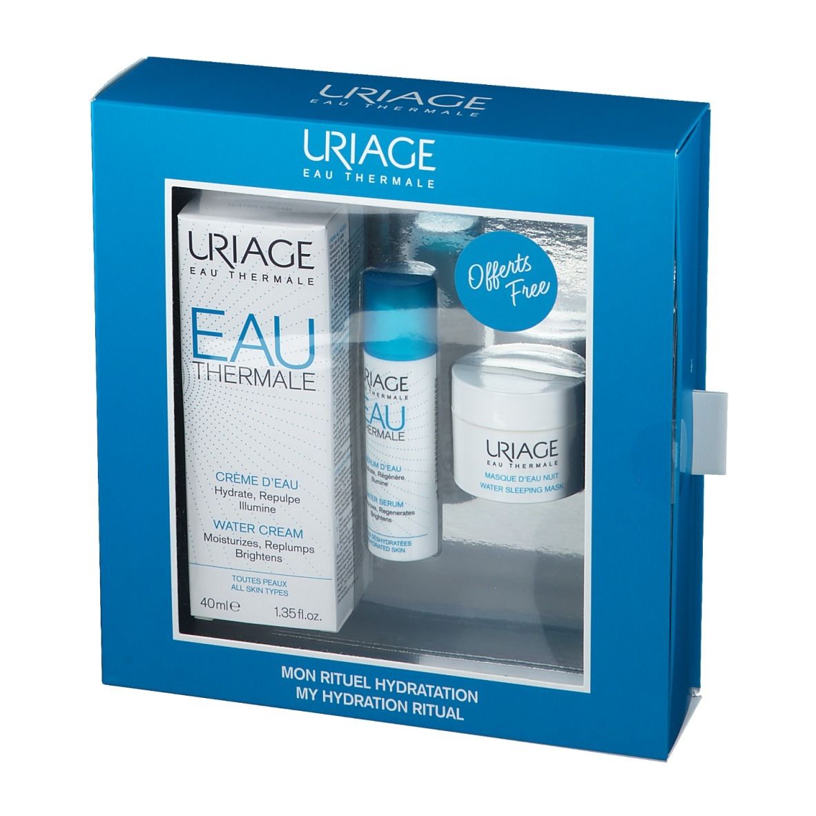 Geschenkset mit drei Produkten. Uriage-Markenlogo und Produktnamen sichtbar. Blaue Verpackung mit Sichtfenster.