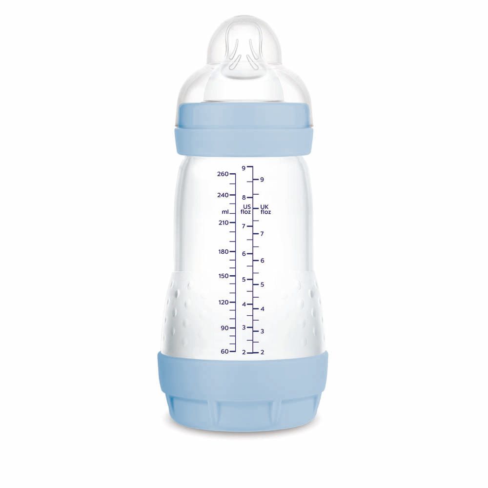 Biberon MAM Easy Start™ Anti-Kolik, 260 ml, avec échelle et base bleu clair.