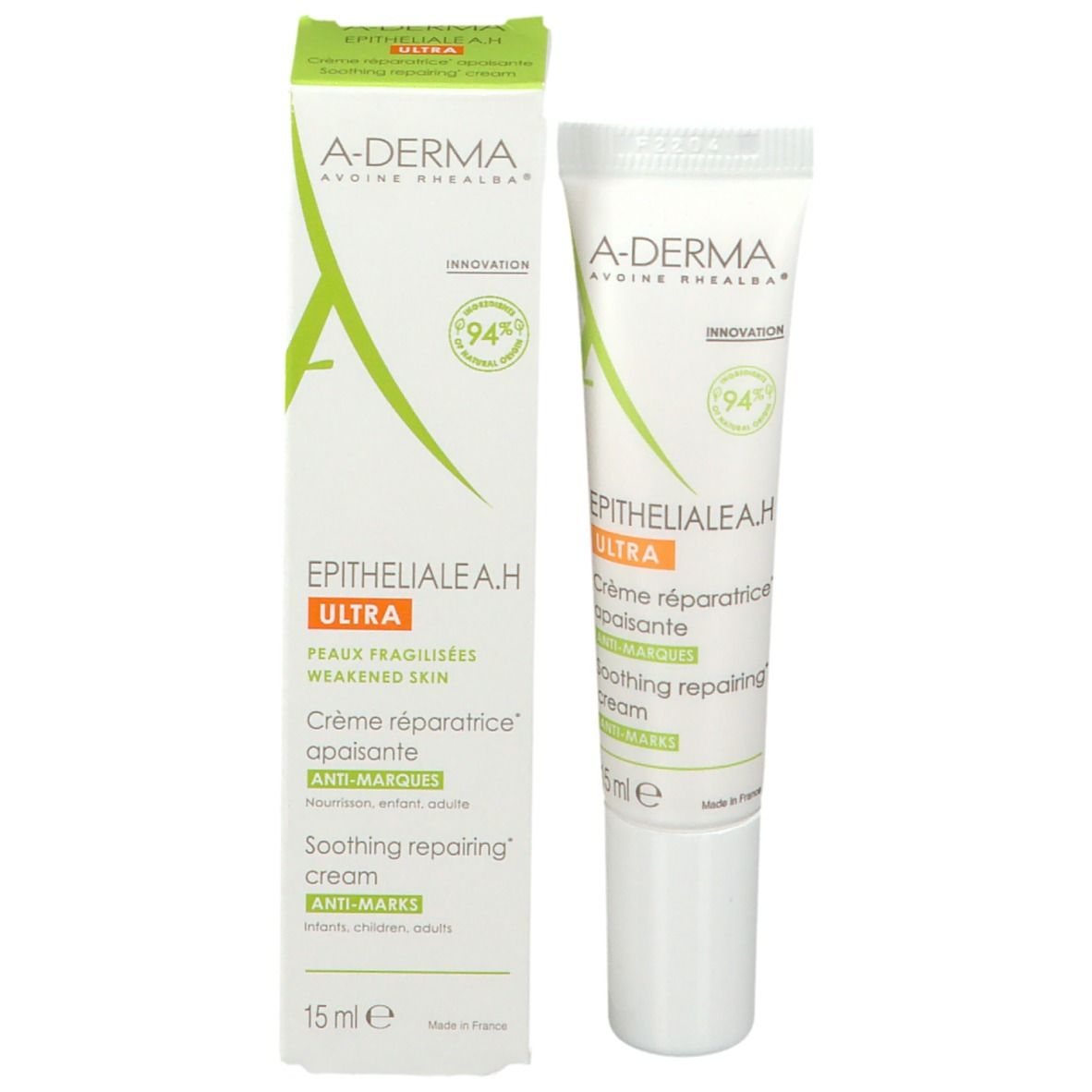 Produktverpackung mit Creme-Tube. Weiße Schachtel mit grüner und orangefarbener Beschriftung. Tube: A-DERMA, EPITHELIALE A.H. ULTRA.