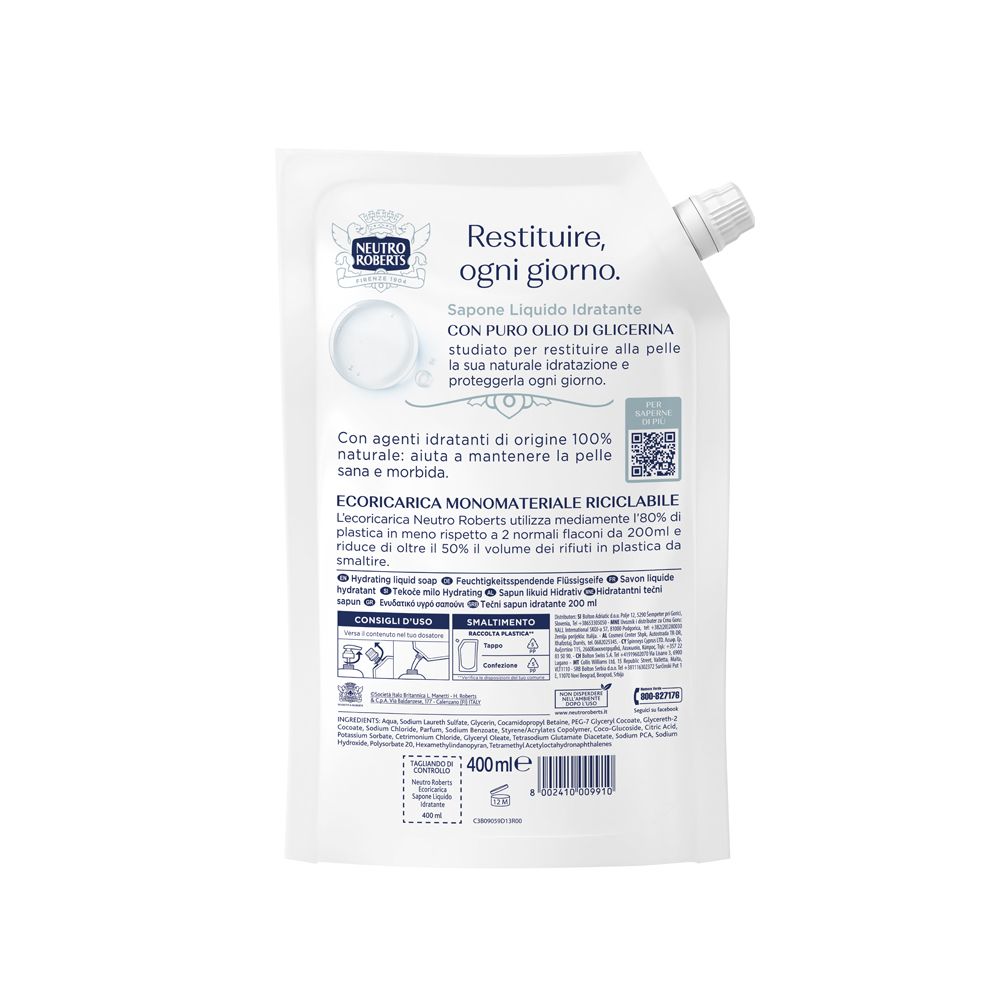 Dos du sachet de recharge Neutro Roberts. Texte : Savon liquide hydratant à l'huile de glycérine pure. 400 ml.