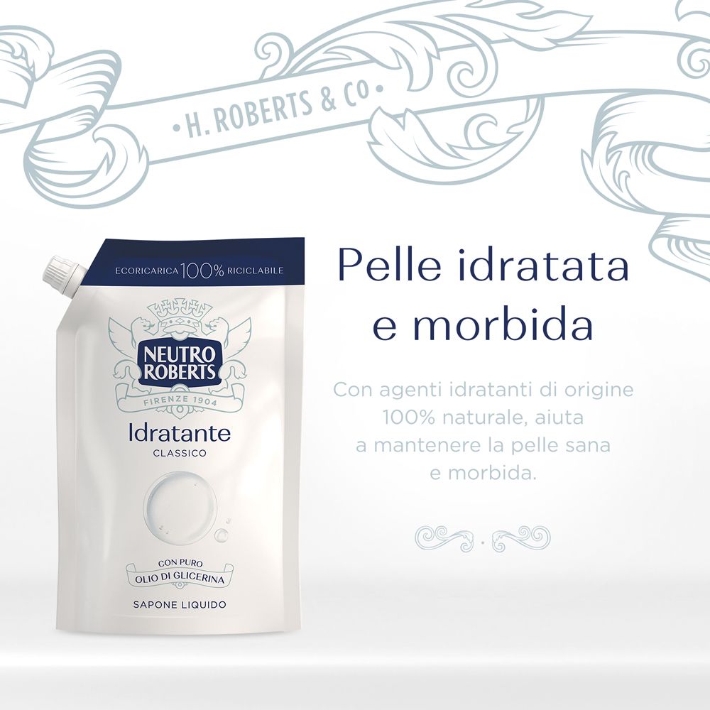 Recharge Neutro Roberts. Sachet blanc à bouchon bleu. Texte : Idratante Classico, à l'huile de glycérine, savon liquide.