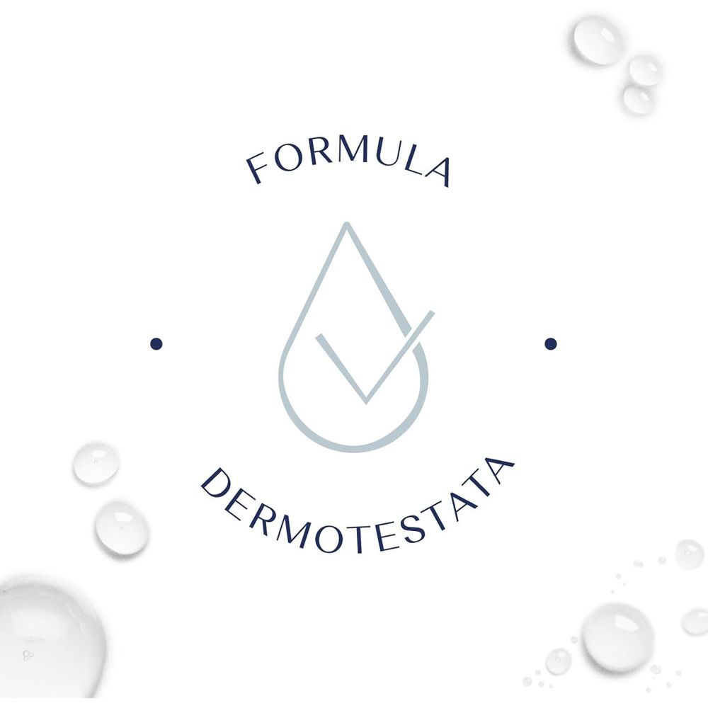 Logo : Formule testée dermatologiquement. Symbole de goutte avec coche.