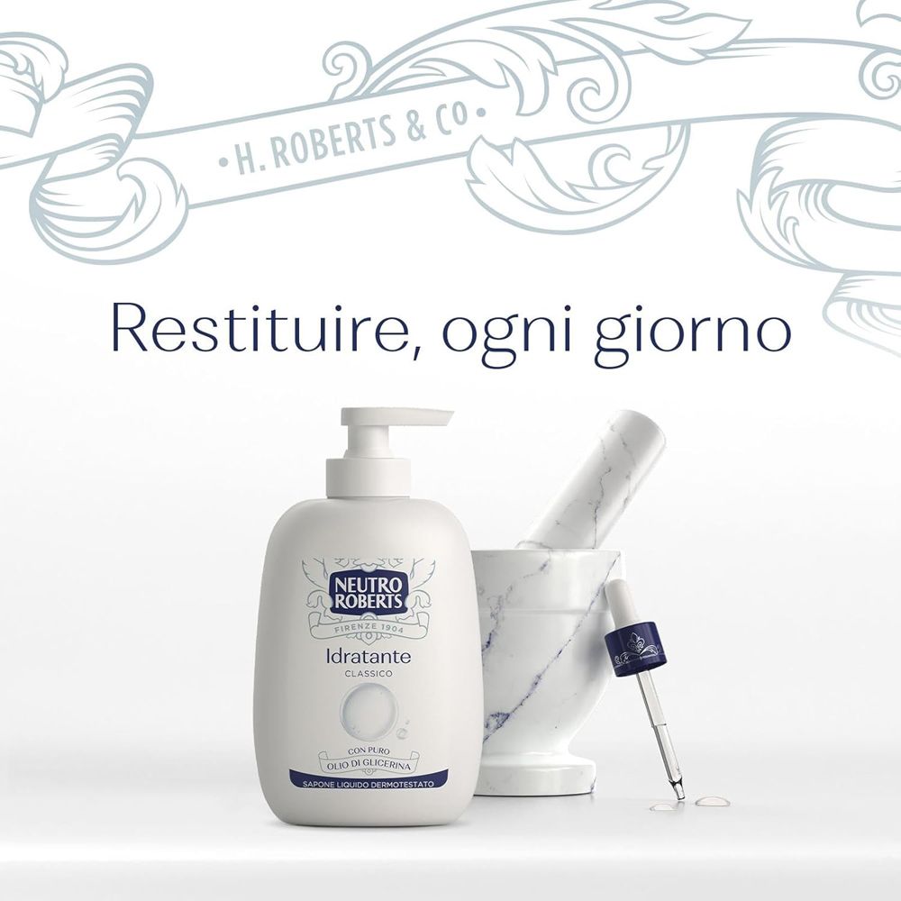 Savon Neutro Roberts et accessoires. Texte : Idratante Classico, à l'huile de glycérine pure.