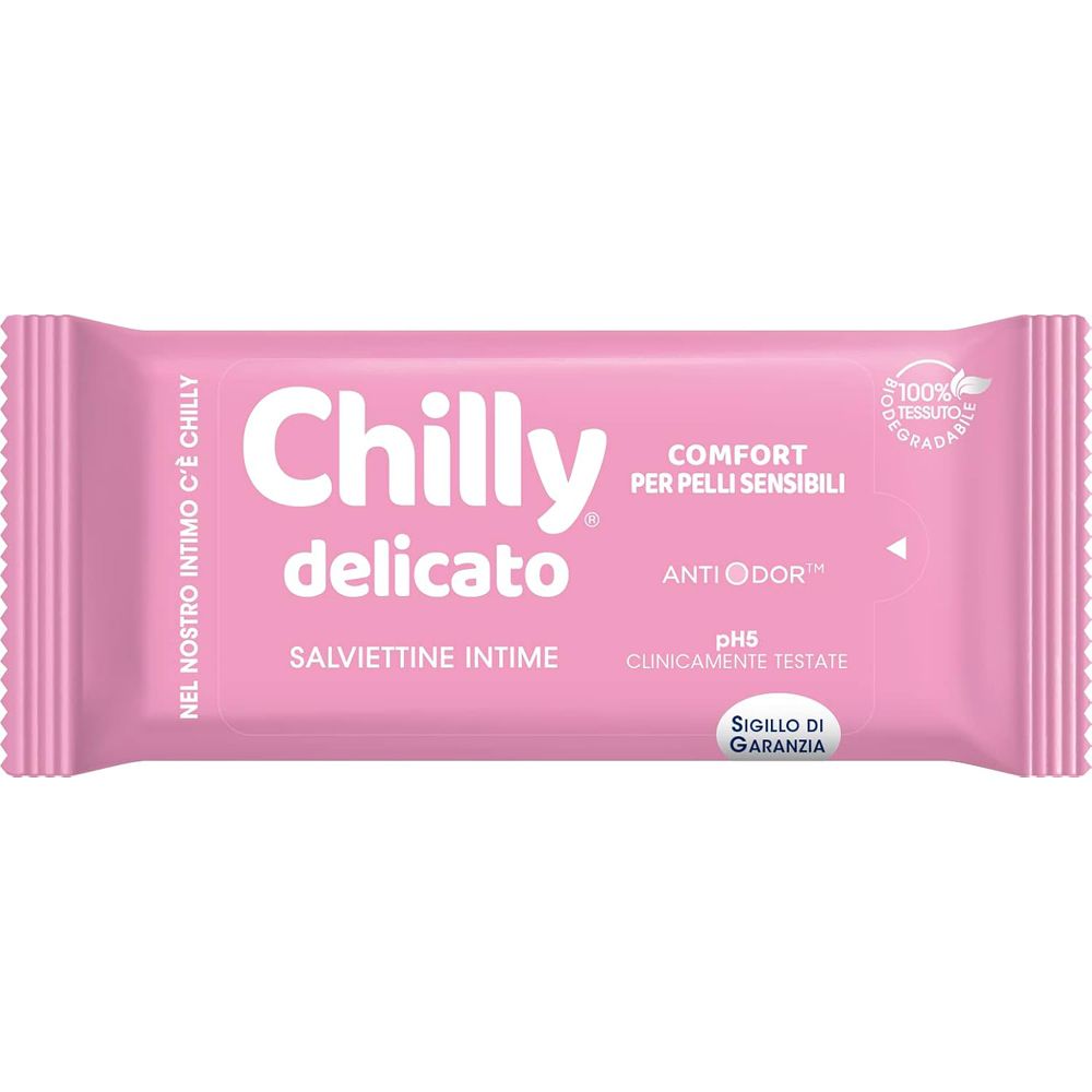 Emballage rose "Chilly delicato". Contient "Salviettine Intime", "Comfort per pelli sensibili" et "Anti Odor".