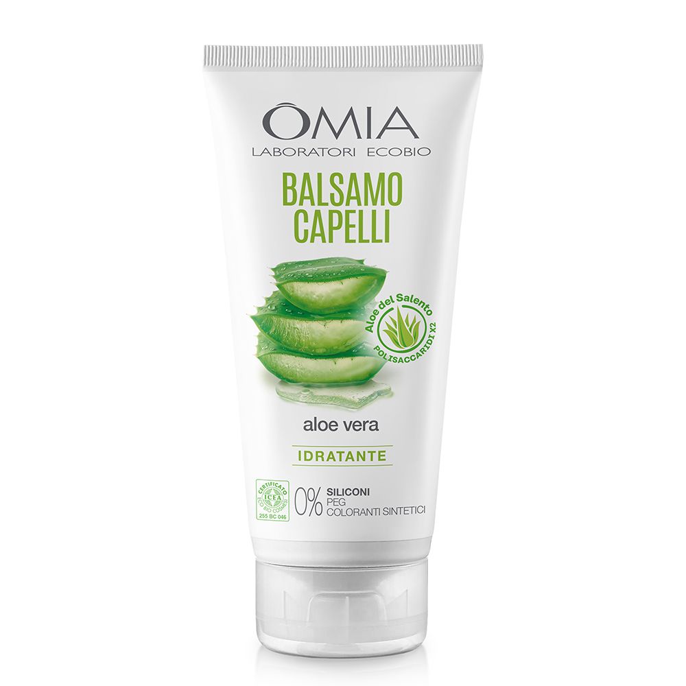 Weißer Tubenbehälter mit grünem Etikett. Oben steht OMIA, darunter Balsamo Capelli. Aloe Vera-Illustration und Text.