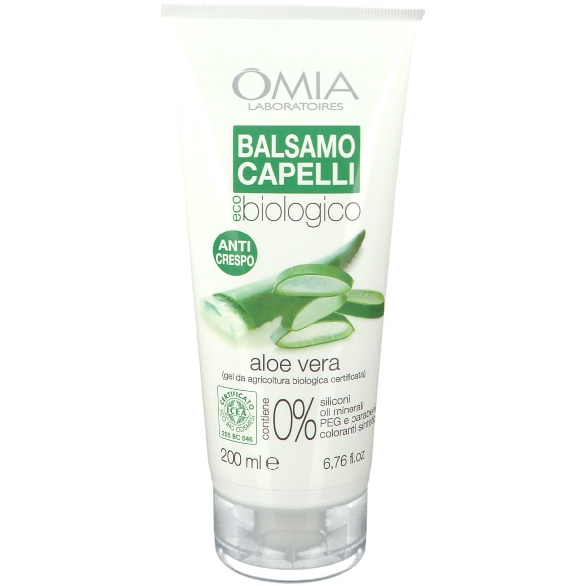 Weiße Tube mit grünem Etikett. OMIA, Balsamo Capelli biologico, Aloe Vera. 0% und Zertifizierungen.