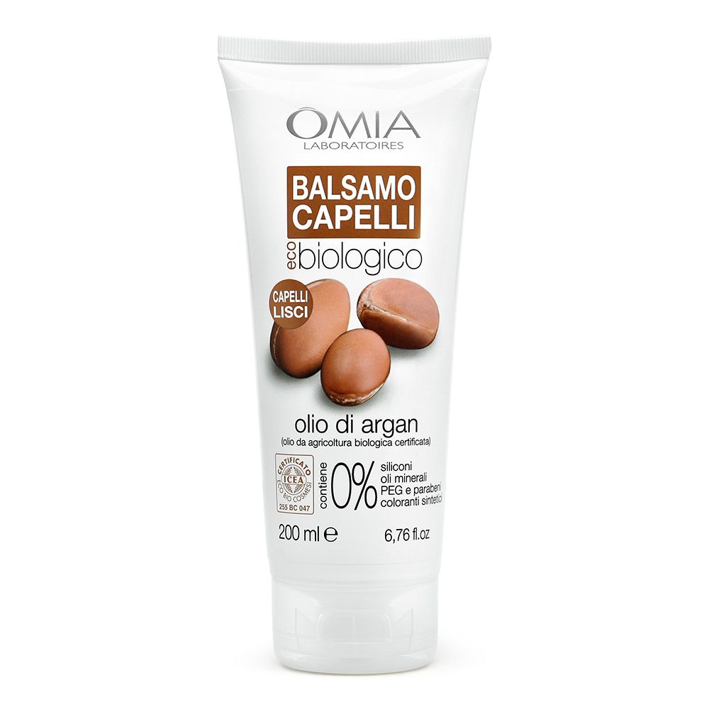 Tube OMIA Balsamo Capelli, avec illustration et texte 'Balsamo Capelli biologico'. Contient huile d'argan, 0% silicones.