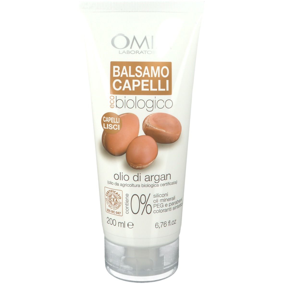 Tube OMIA Balsamo Capelli, avec illustration et texte 'Balsamo Capelli biologico'. Contient huile d'argan, 0% silicones.