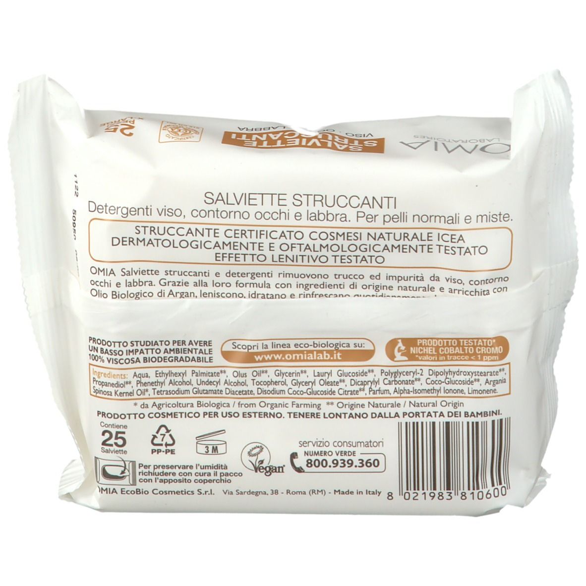OMIA Lingettes nettoyantes Visage, Yeux, Lèvres - Huile d'Argan