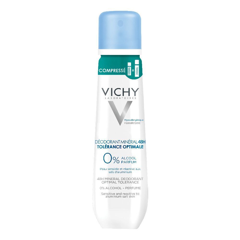 Spray déodorant avec bouchon bleu. Inscriptions: VICHY, Déodorant minéral 48h, 0% alcool, parfum. Pour peaux sensibles.