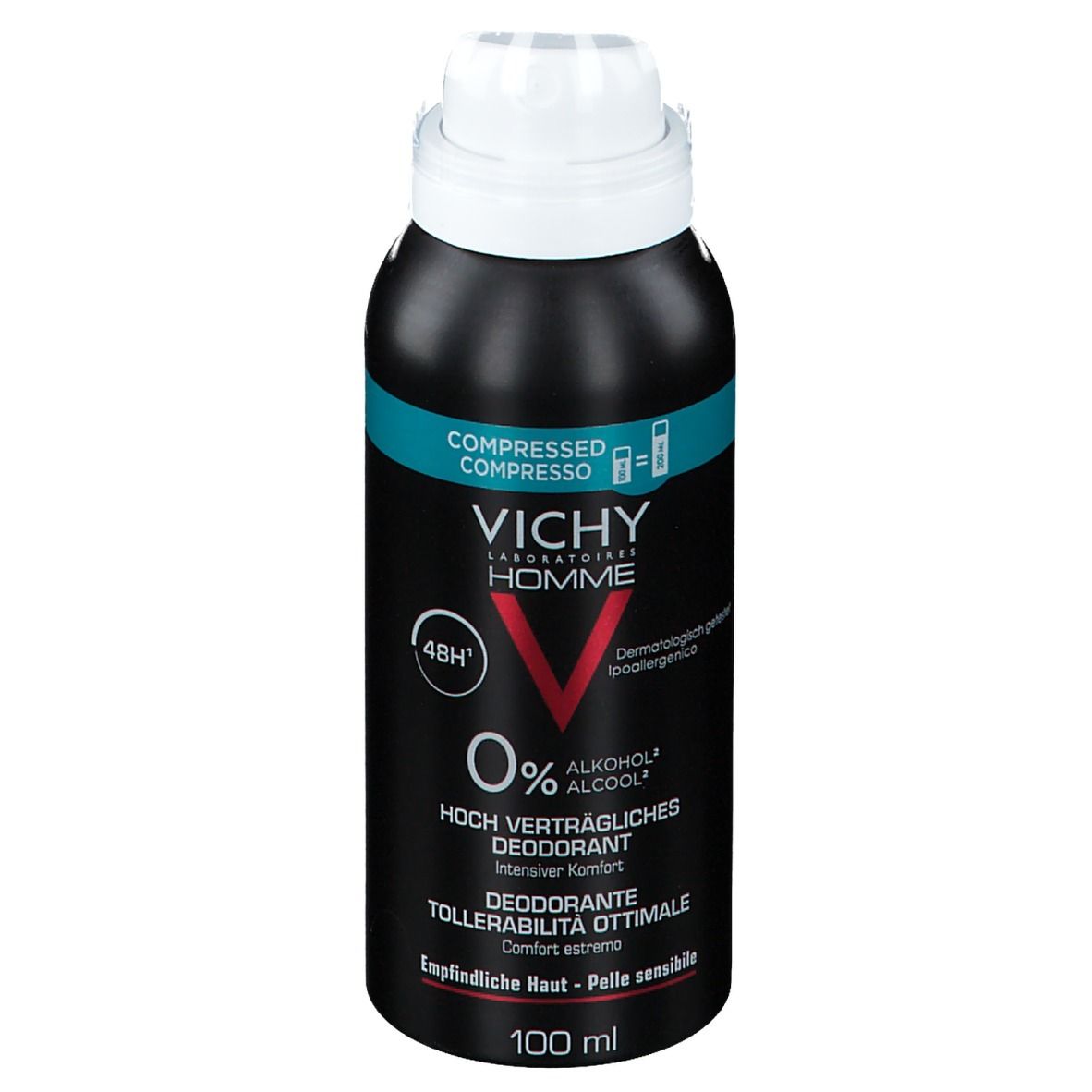 Schwarze Deodorant-Dose mit weißem Sprühkopf. Text: VICHY HOMME, 0% Alkohol, 48H, Deodorant Optimale Verträglichkeit. 100 ml.