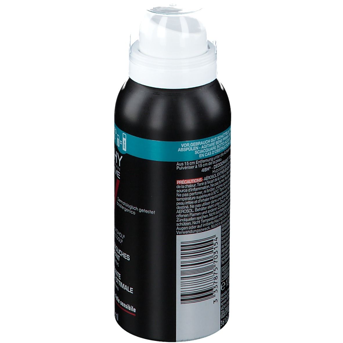 Rückseite einer schwarzen Deodorant-Dose mit weißem Sprühkopf. Text und Barcode. Warnhinweise und Gebrauchsanweisung.