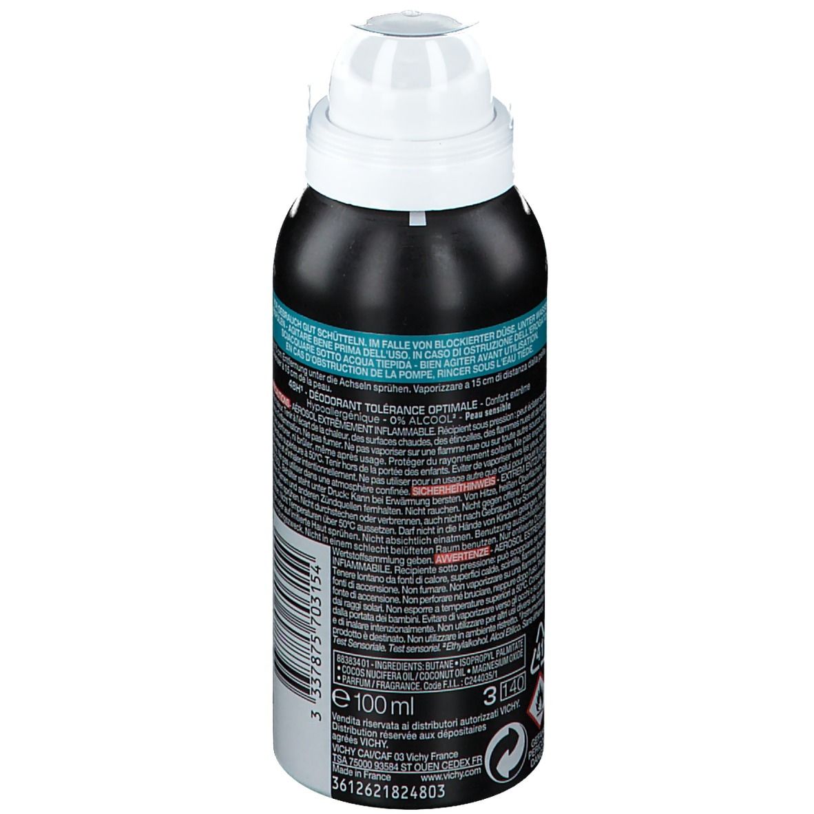 Rückseite einer schwarzen Deodorant-Dose mit weißem Sprühkopf. Text und Barcode. Warnhinweise und Gebrauchsanweisung.