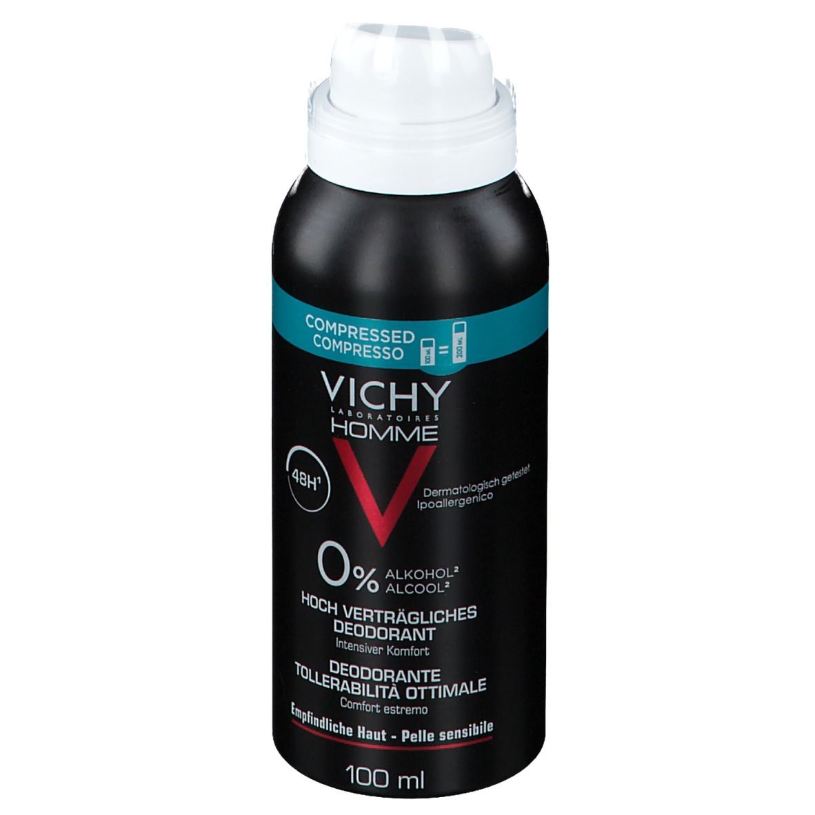 Schwarze Deodorant-Dose mit weißem Sprühkopf. Text: VICHY HOMME, 0% Alkohol, 48H, Deodorant Optimale Verträglichkeit. 100 ml.