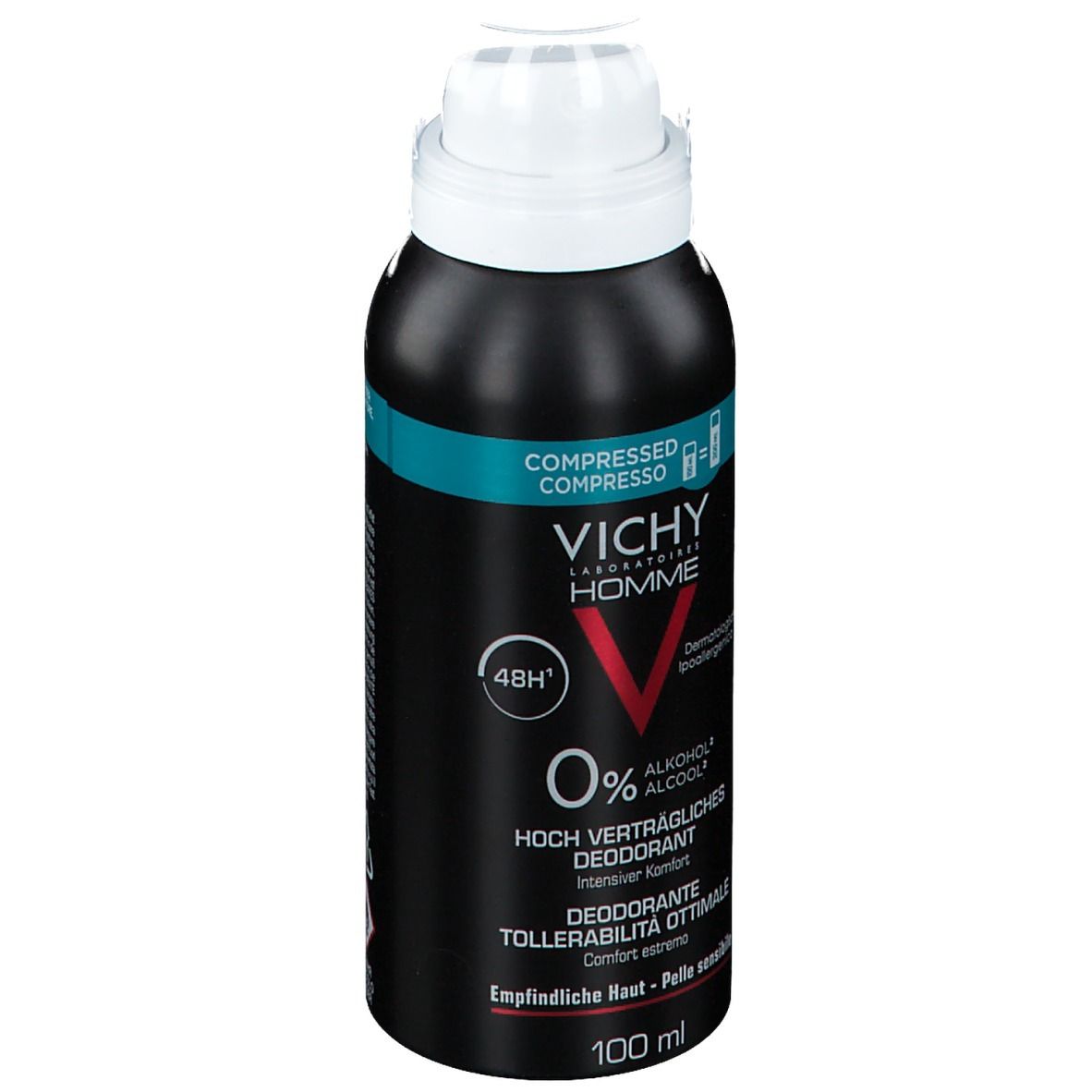 Schwarze Deodorant-Dose mit weißem Sprühkopf. Text: VICHY HOMME, 0% Alkohol, 48H, Deodorant Optimale Verträglichkeit. 100 ml.
