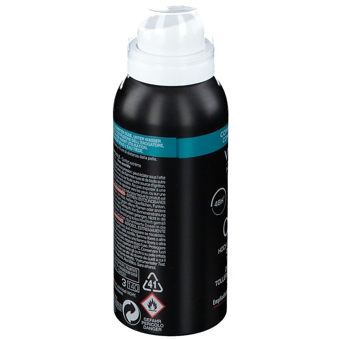 Rückseite einer schwarzen Deodorant-Dose mit weißem Sprühkopf. Text und Piktogramme. Warnhinweise und Gebrauchsanweisung.