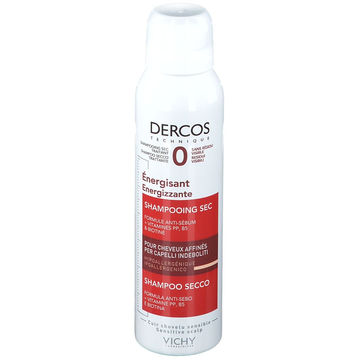 Flacon spray blanc avec étiquette rouge. Inscriptions: Dercos Technique, Shampooing Sec, Énergisant, pour cheveux fins. Vichy.