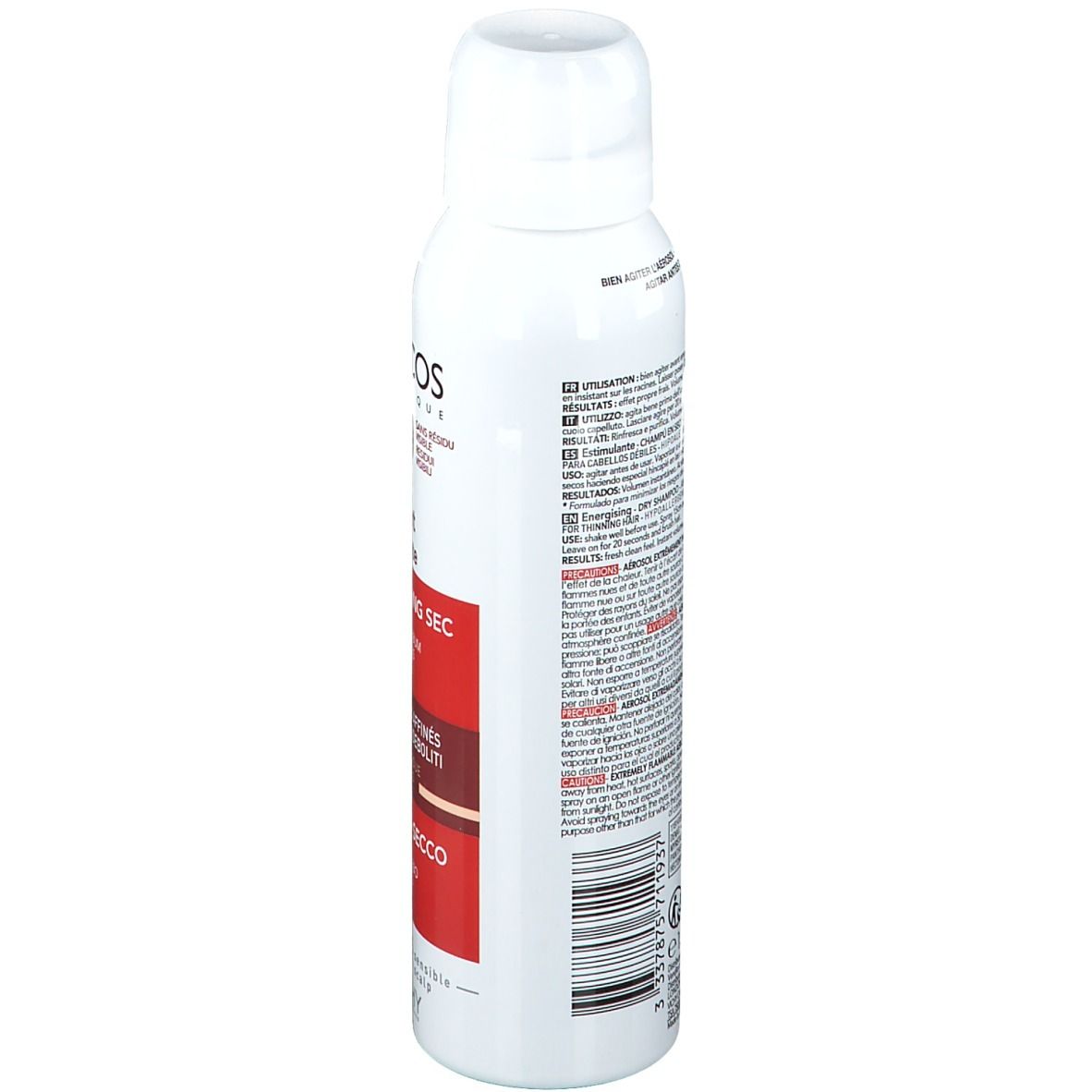 Flacon spray blanc avec texte. Inscriptions: Dercos Technique, Shampooing Sec, Énergisant. Dos avec instructions et ingrédients.
