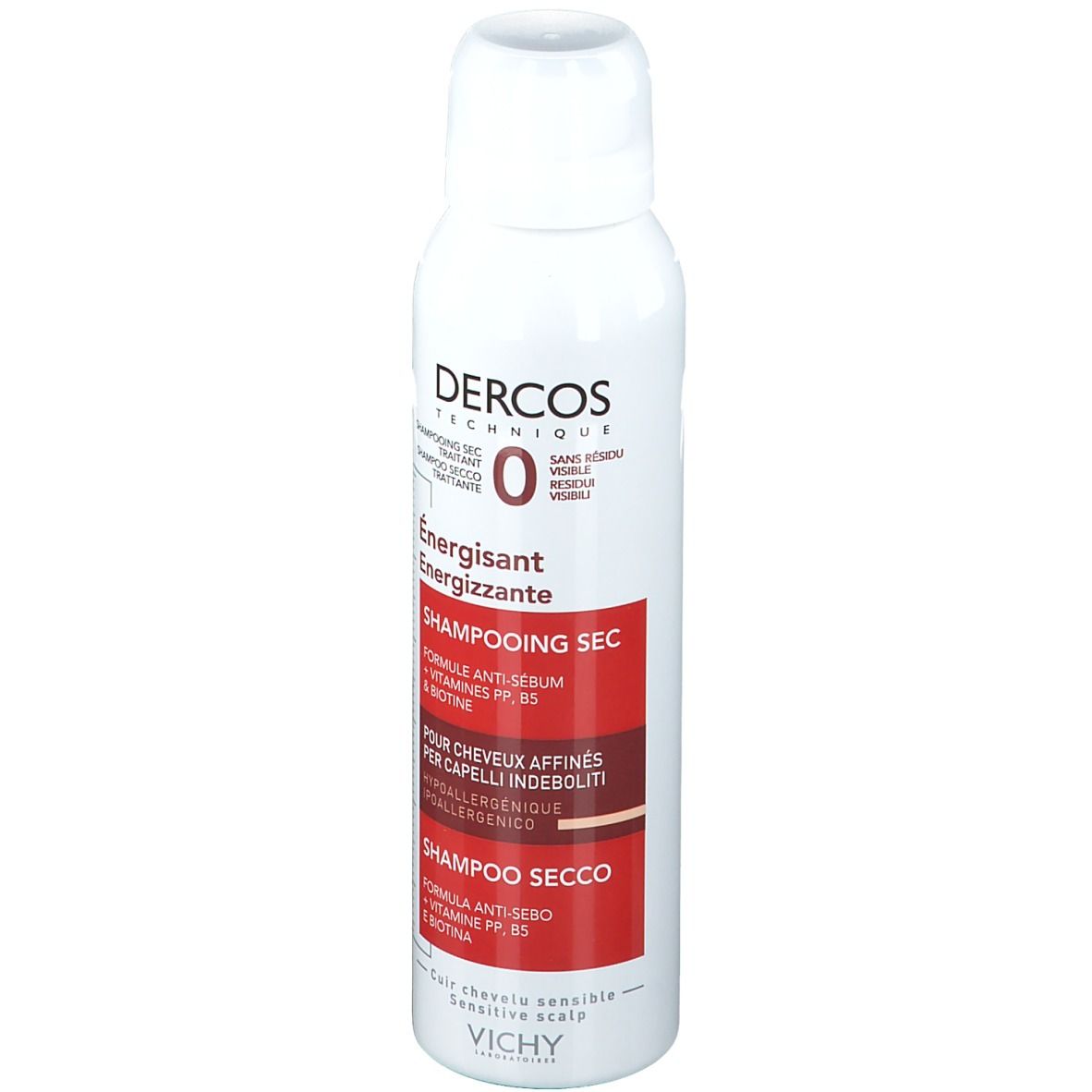 Flacon spray blanc avec étiquette rouge. Inscriptions: Dercos Technique, Shampooing Sec, Énergisant, pour cheveux fins. Vichy.