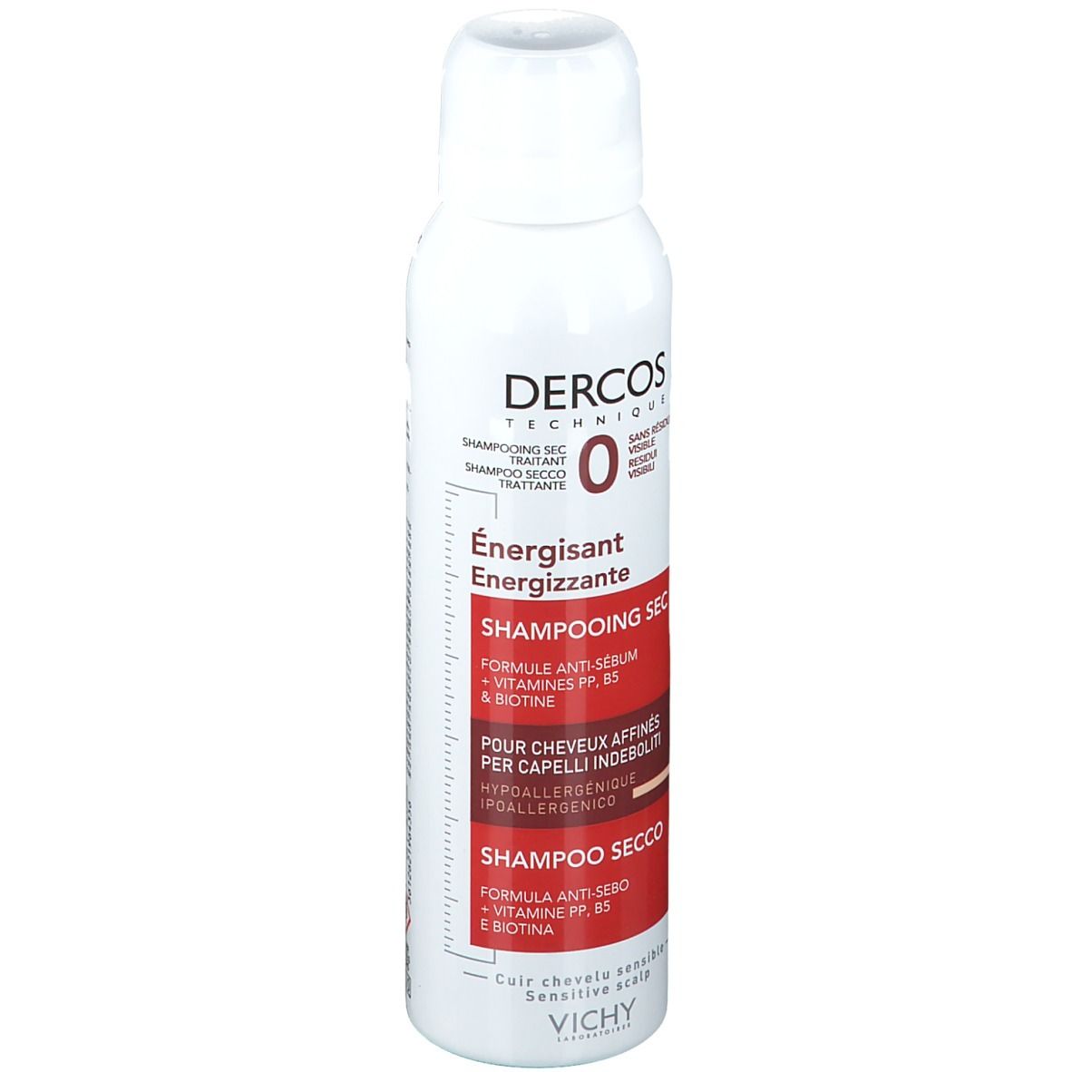 Flacon spray blanc avec étiquette rouge. Inscriptions: Dercos Technique, Shampooing Sec, Énergisant, pour cheveux fins. Vichy.
