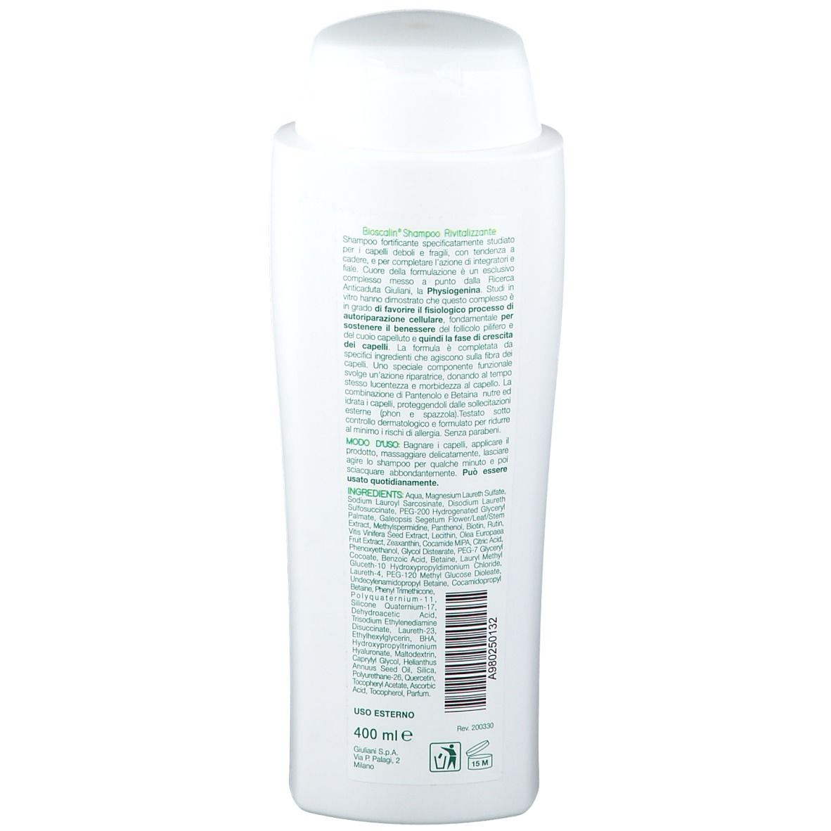 Rückseite der Bioscalin Shampoo-Flasche. Enthält Text und Inhaltsstoffe. Weißes, längliches Design.