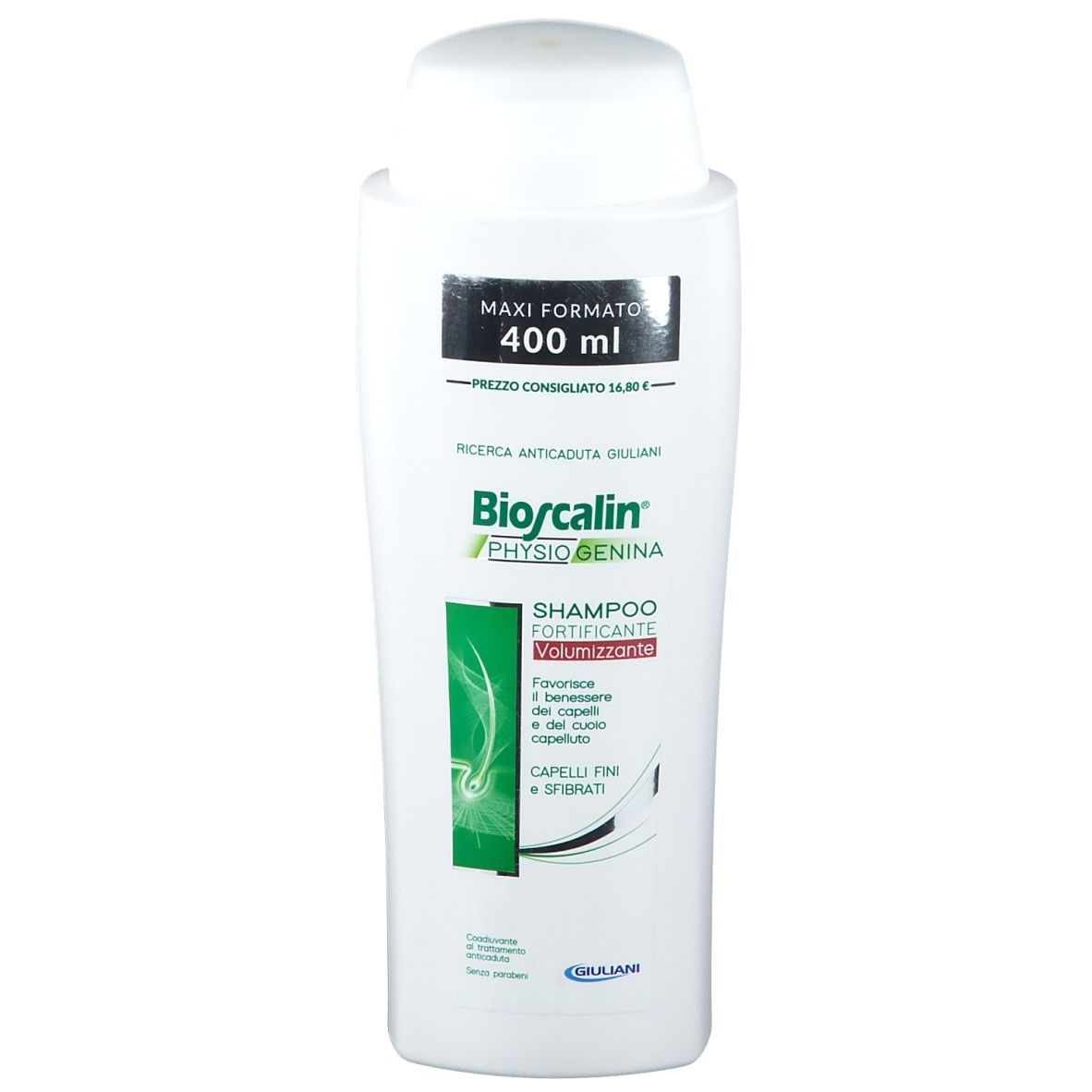 Flacon de shampooing blanc avec bouchon blanc. Inscription : Bioscalin PhysioGenina, Shampooing fortifiant volumateur. 400 ml.