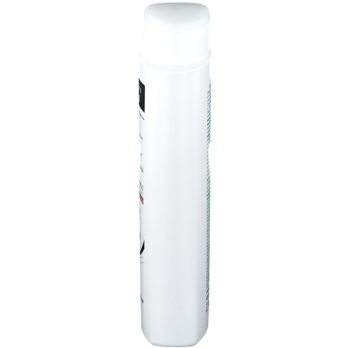 Flacon de shampooing blanc avec bouchon blanc. Vue latérale. Inscription illisible.