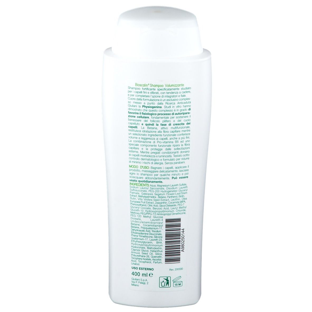 Dos d'un flacon de shampooing blanc avec bouchon blanc. Texte multilingue. 400 ml.