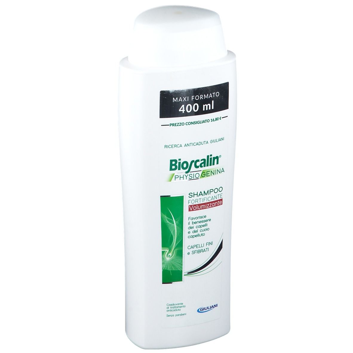 Flacon de shampooing blanc avec bouchon blanc. Inscription : Bioscalin PhysioGenina, Shampooing fortifiant volumateur. 400 ml.