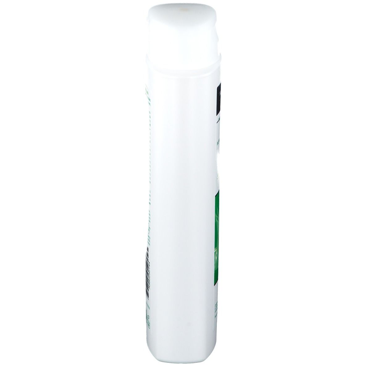 Flacon de shampooing blanc avec bouchon blanc. Vue latérale. Inscription illisible.