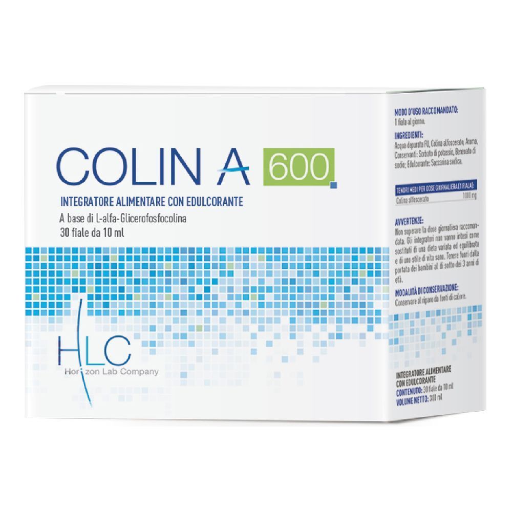 Verpackung mit Produktaufschrift COLIN A 600. Enthält 30 Fläschchen. Text: Integratore Alimentare con Edulcorante.