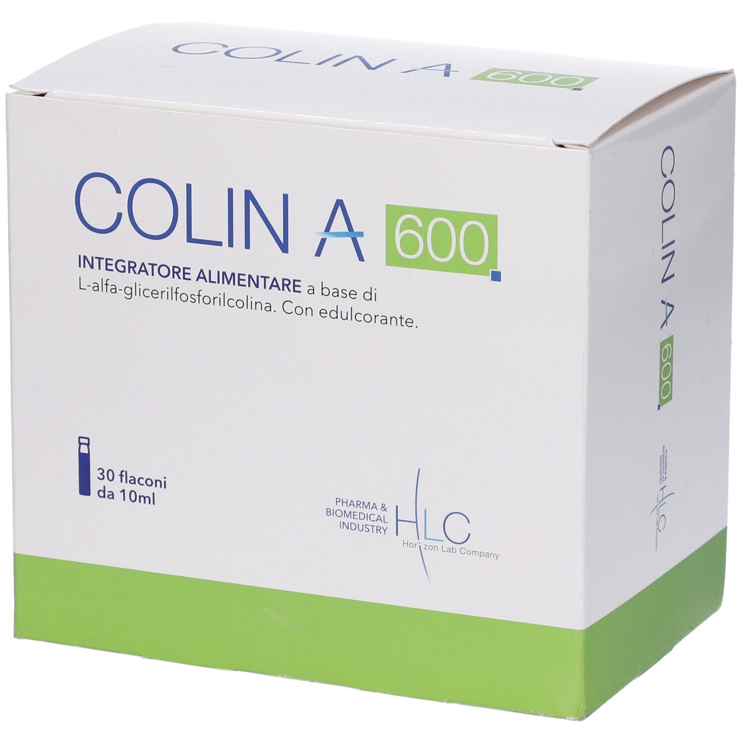 Boîte blanche avec logo COLIN A 600. Couleurs vert et blanc. Contient 30 flacons. Logo HLC.