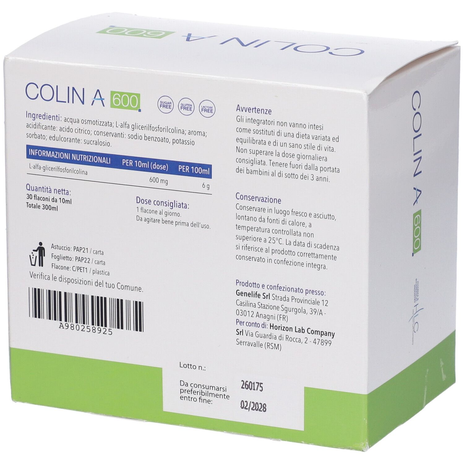 Dos de la boîte COLIN A 600. Contient ingrédients, informations nutritionnelles et informations fabricant.