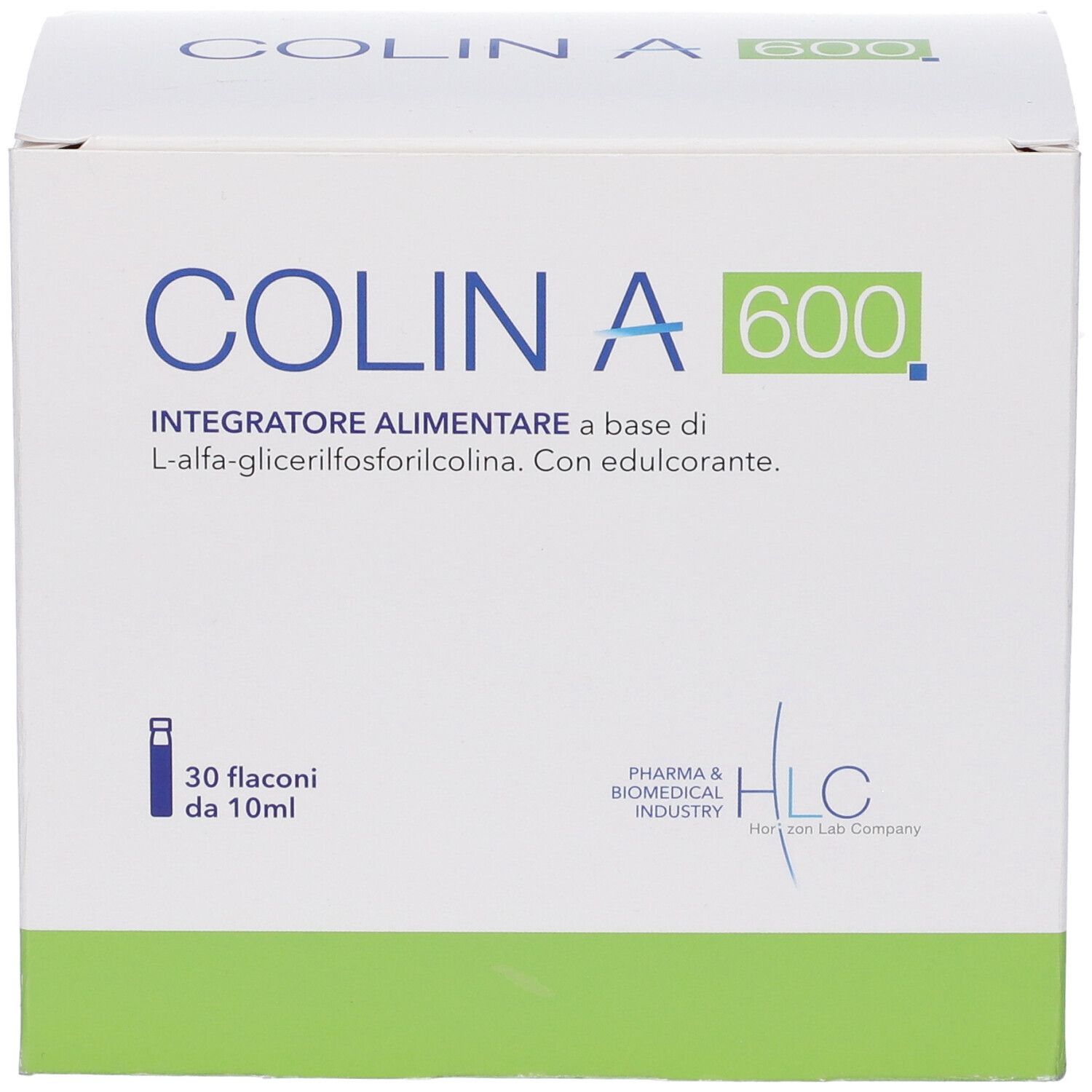 Boîte blanche avec logo COLIN A 600. Contient 30 flacons. Logo HLC.