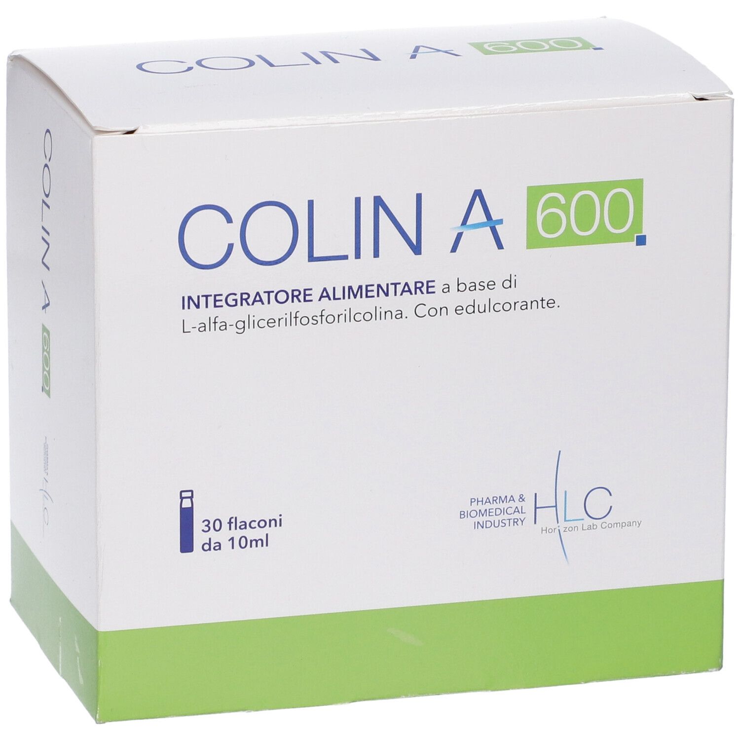 Boîte blanche avec logo COLIN A 600. Contient 30 flacons. Logo HLC.