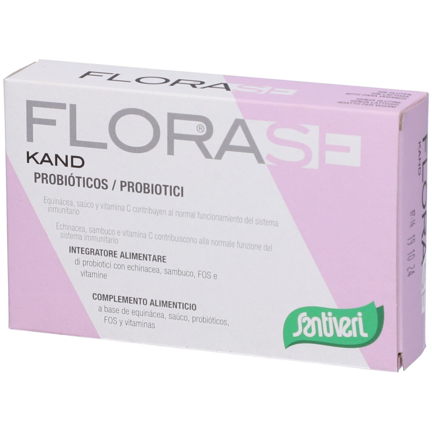 Produktverpackung FLORASE KAND. Weiß und rosa. Enthält Probiotika. Santiveri-Logo. Mehrsprachiger Text.