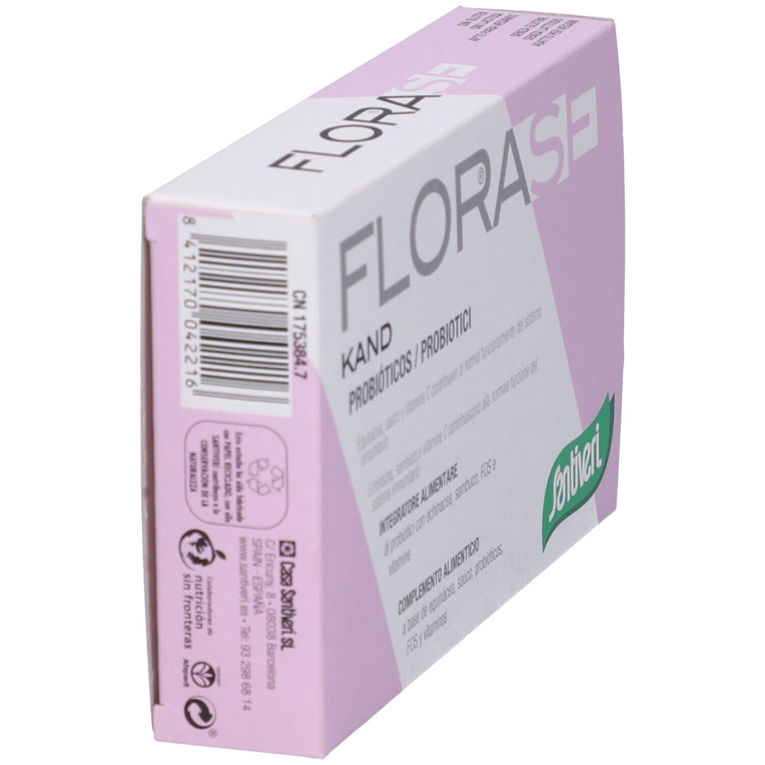 Produktverpackung FLORASE KAND. Weiß und rosa. Enthält Probiotika. Santiveri-Logo. Mehrsprachiger Text.