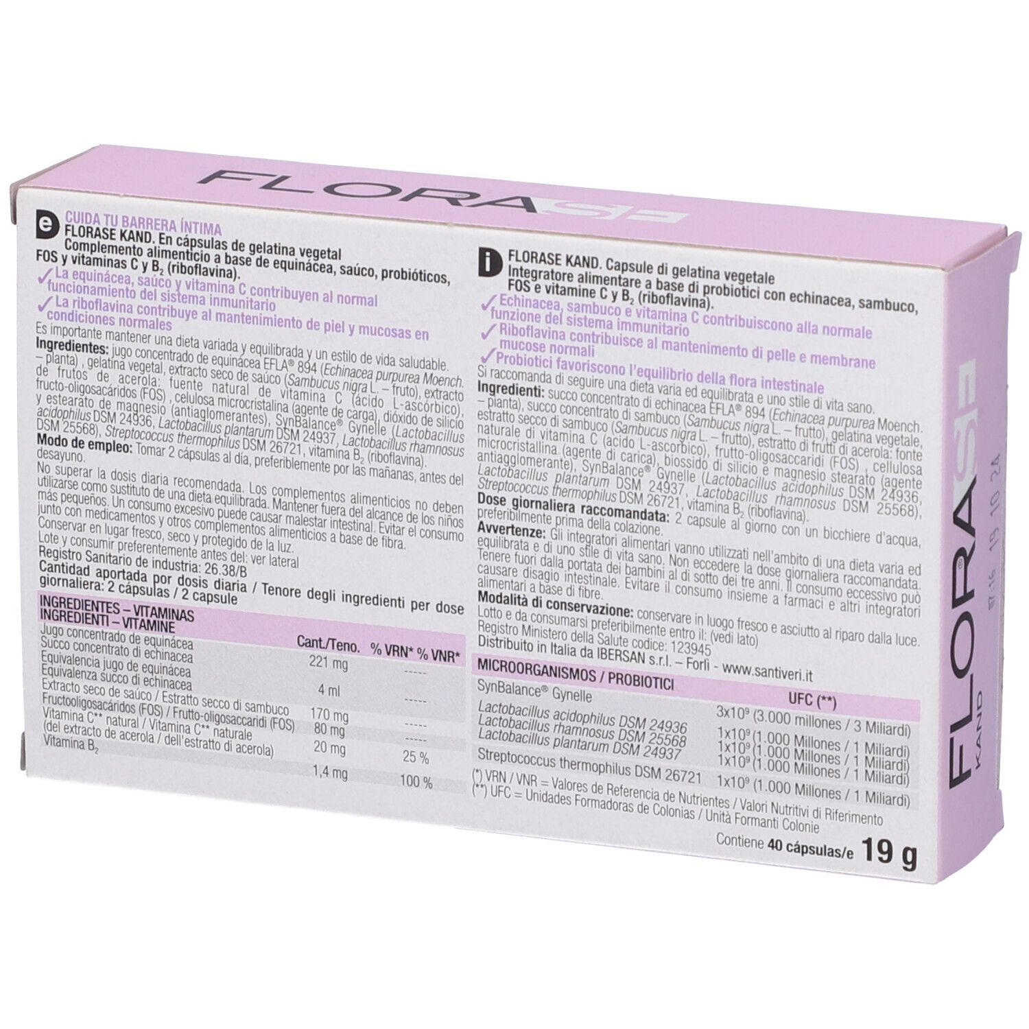 Rückseite der Produktverpackung FLORASE KAND. Enthält Informationen zu Inhaltsstoffen und Dosierung. Mehrsprachiger Text.